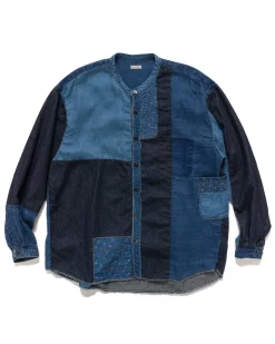 Cotton/Linen Idg Patchwork Band Collar Katmandu Shirt Idg