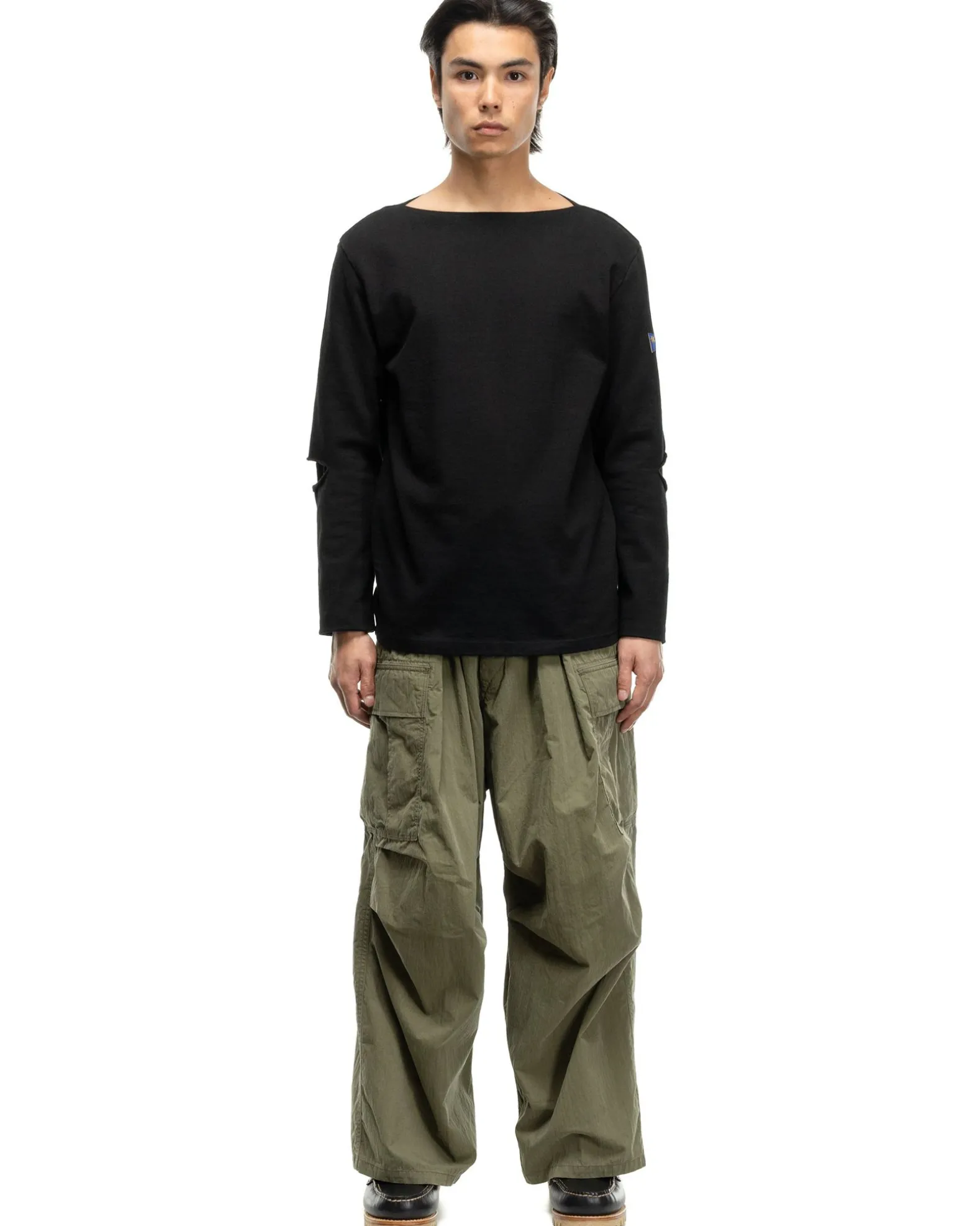 16/- Densed Jersey Elbow-Rip Boatneck Long Sleeve T Black
