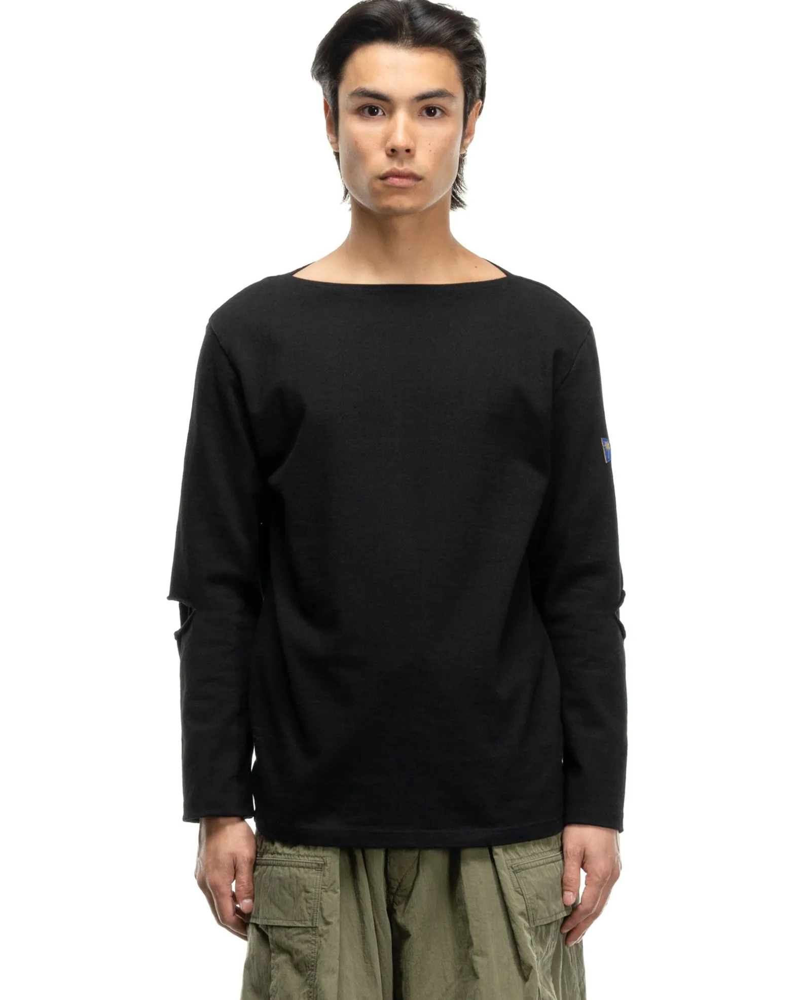 16/- Densed Jersey Elbow-Rip Boatneck Long Sleeve T Black
