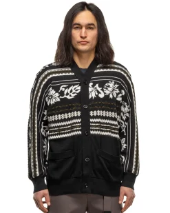 Floral Jacquard Knit Cardigan Black X White