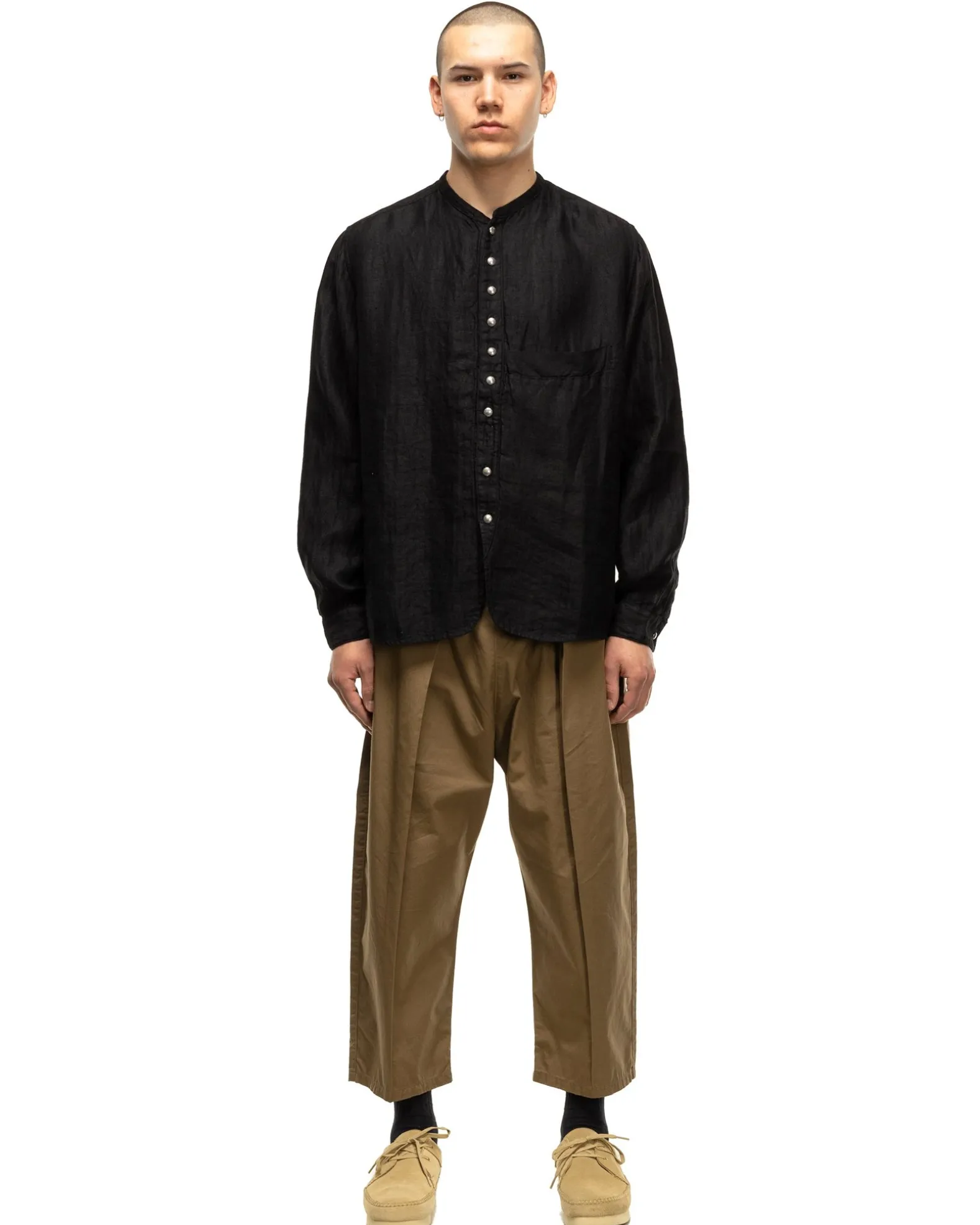 Gauze Linen Herringbone Stand Penny Shirt Black