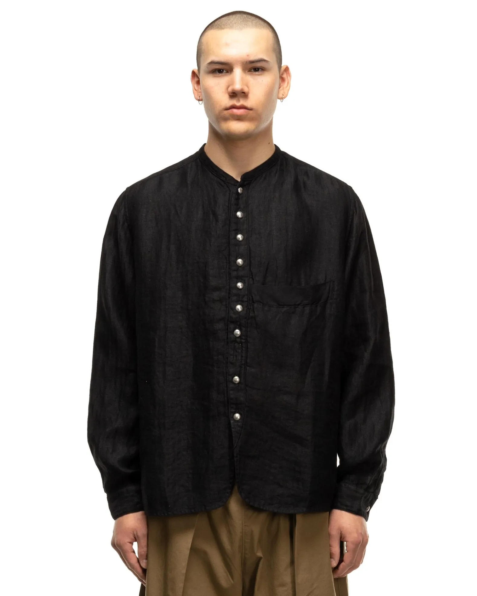 Gauze Linen Herringbone Stand Penny Shirt Black