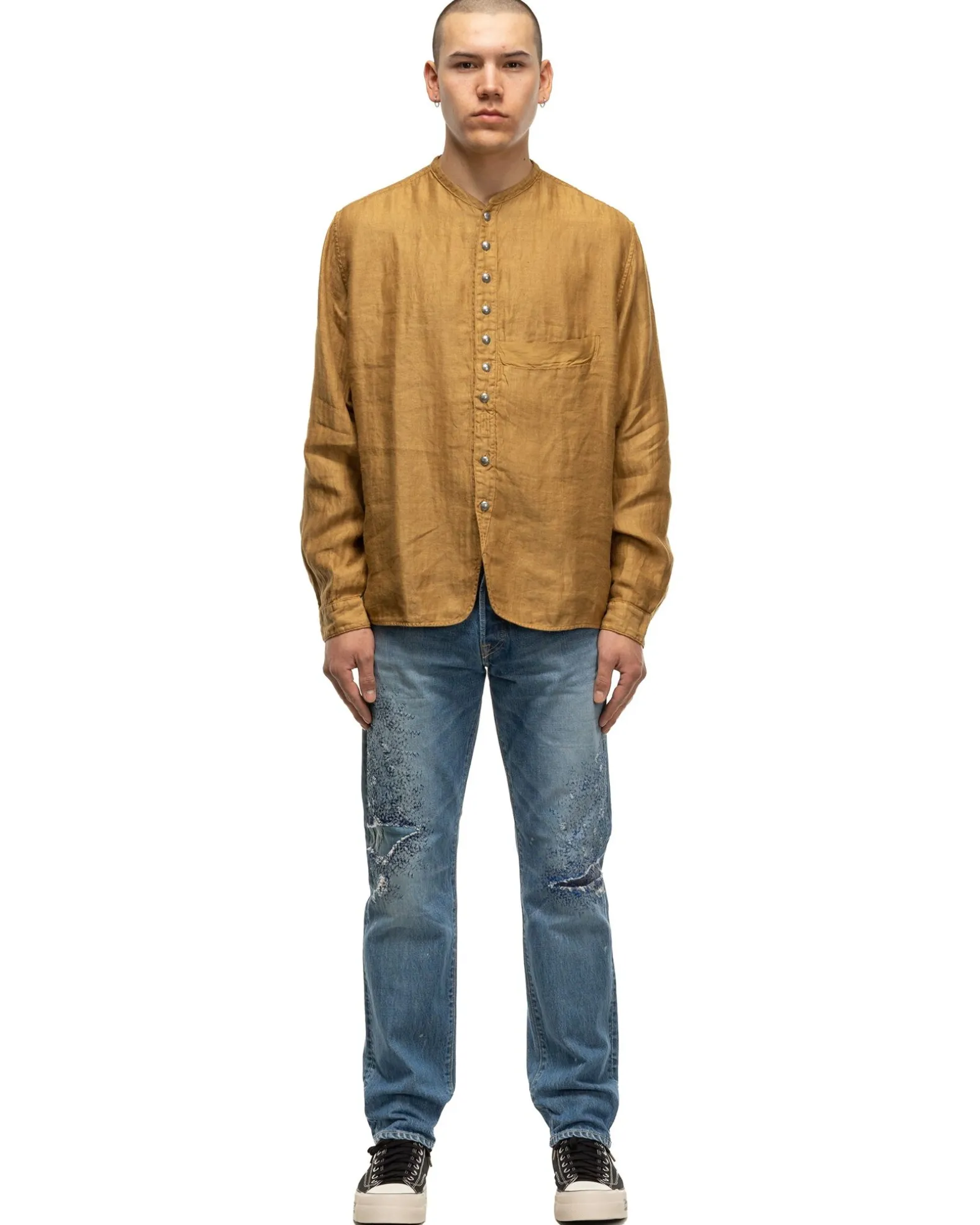 Gauze Linen Herringbone Stand Penny Shirt Gold