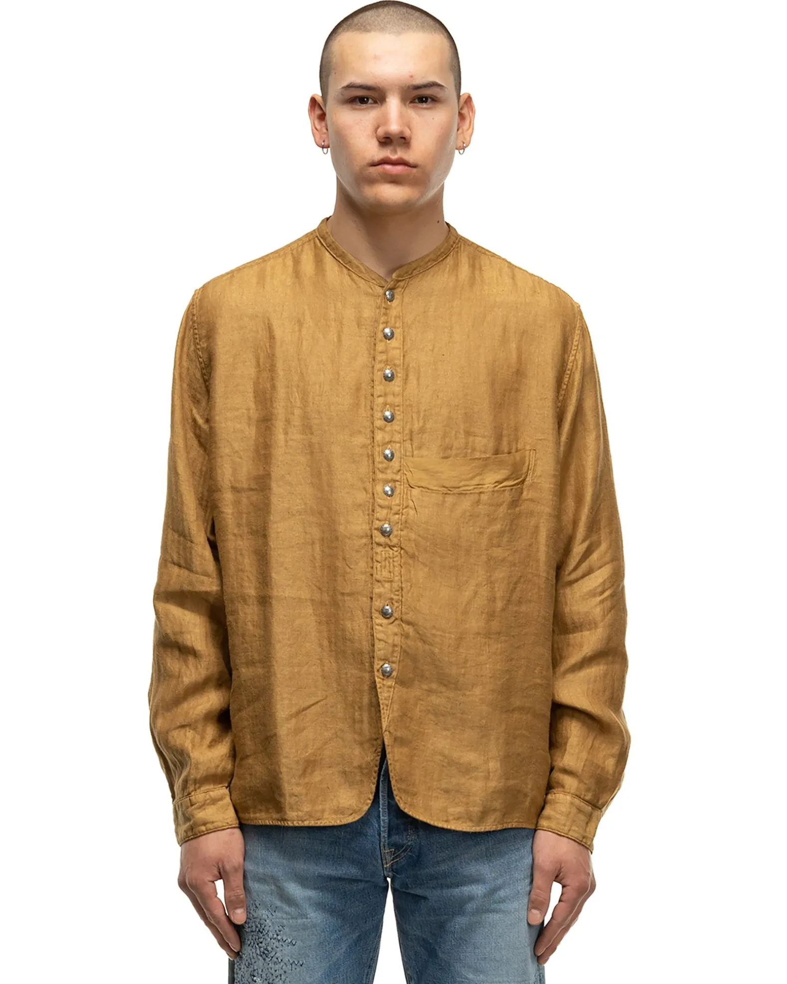 Gauze Linen Herringbone Stand Penny Shirt Gold