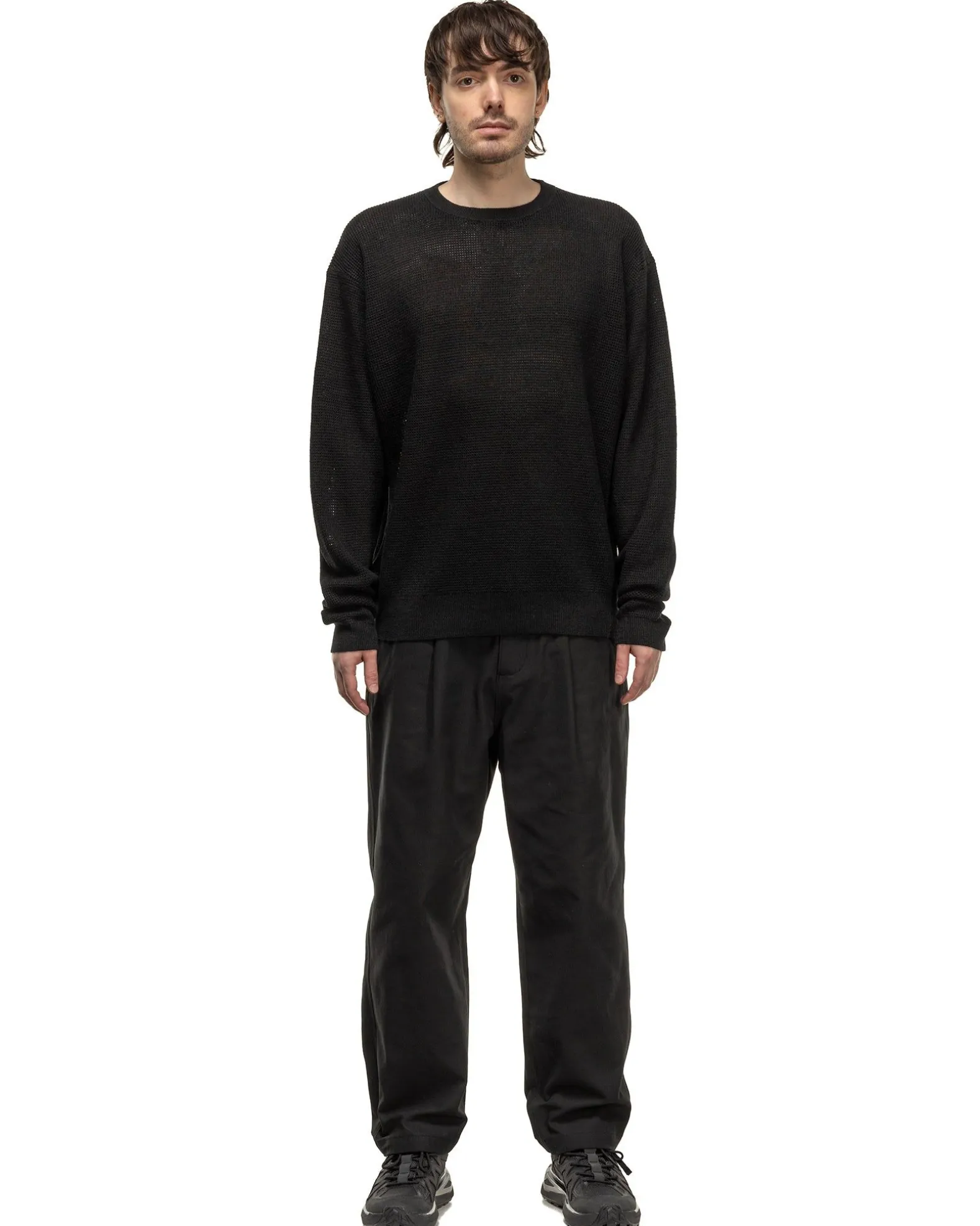 Linen Mesh Oversized Crew Neck Knit Black