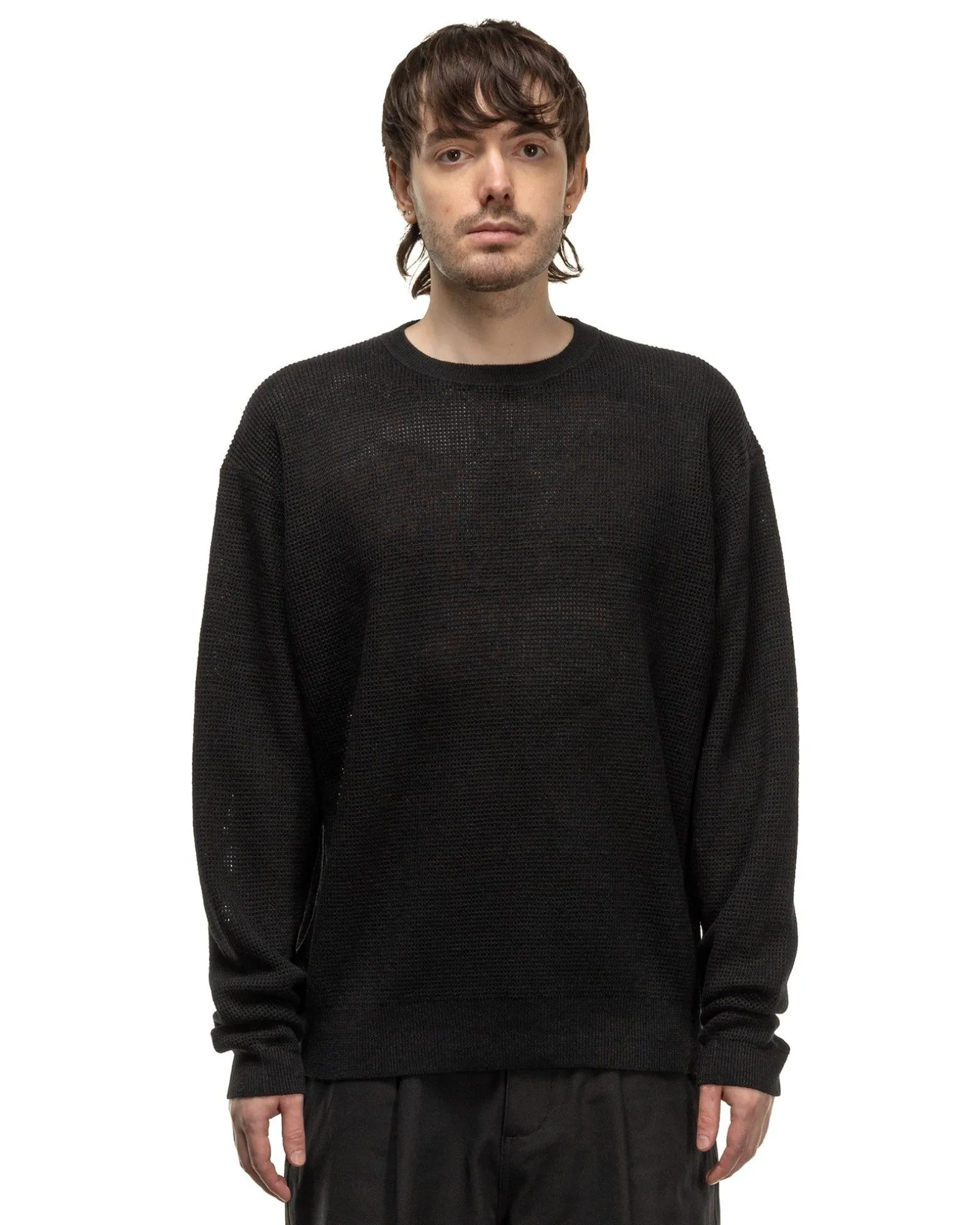 Linen Mesh Oversized Crew Neck Knit Black