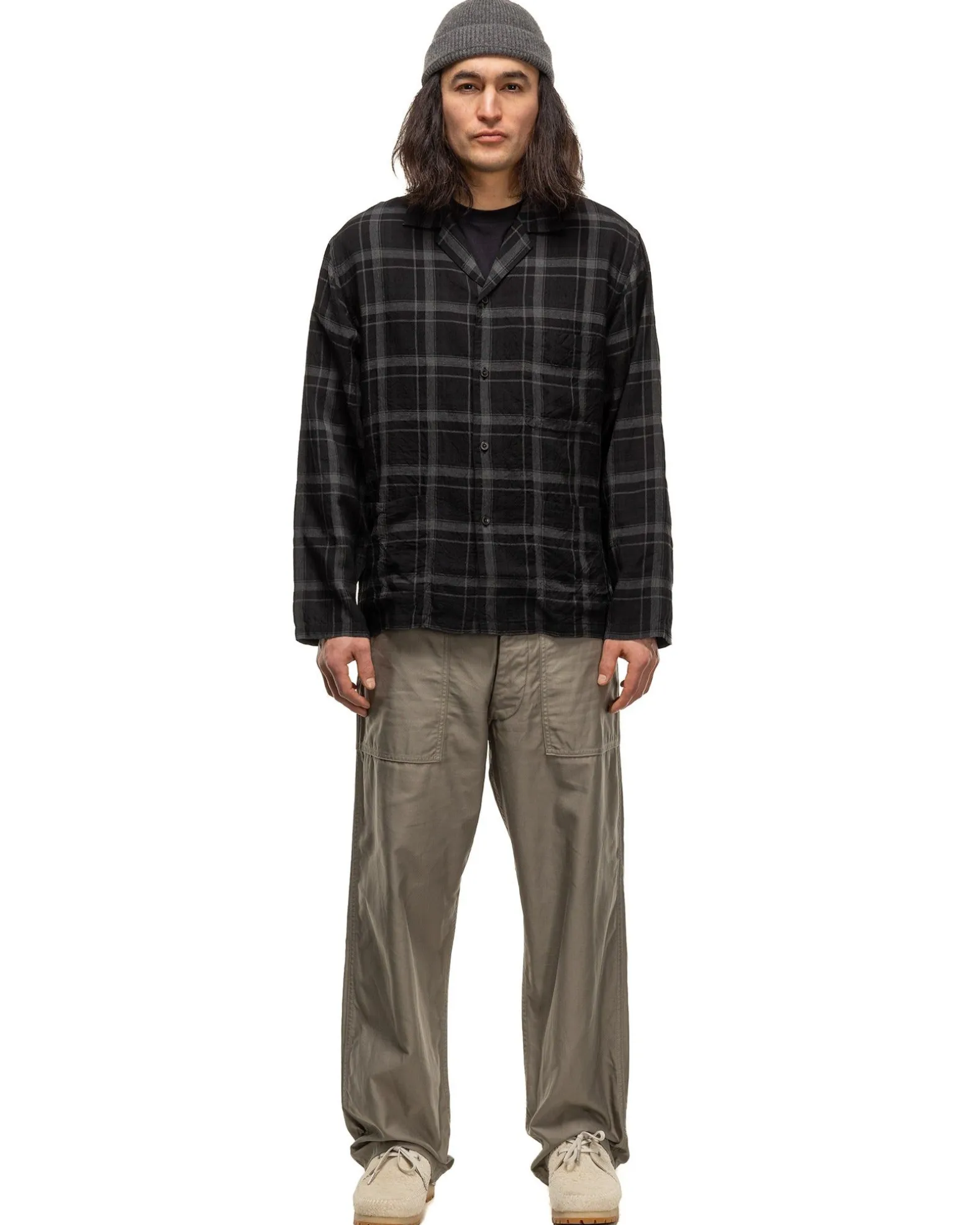 Open Collar Shirt Jacket Black Plaid