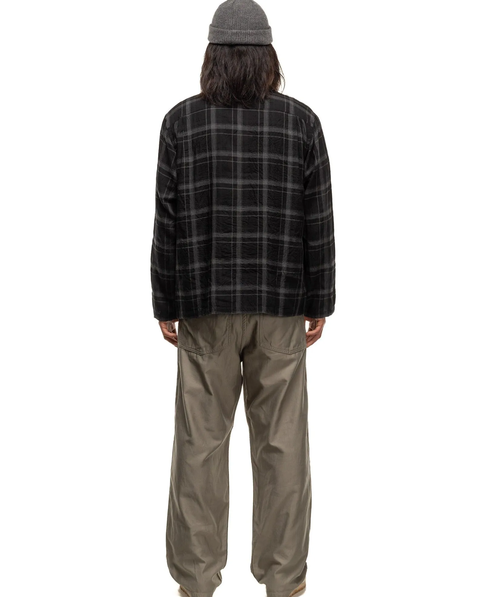 Open Collar Shirt Jacket Black Plaid
