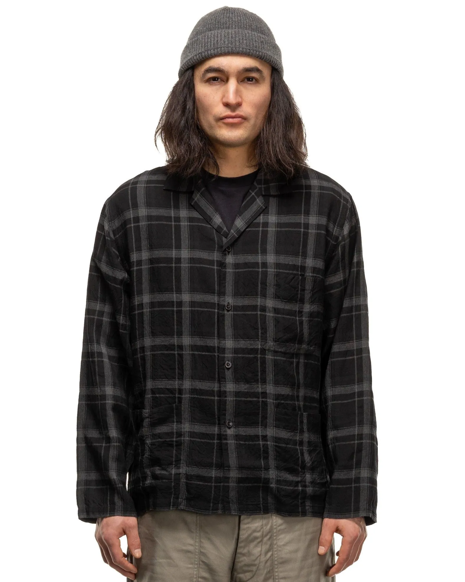 Open Collar Shirt Jacket Black Plaid