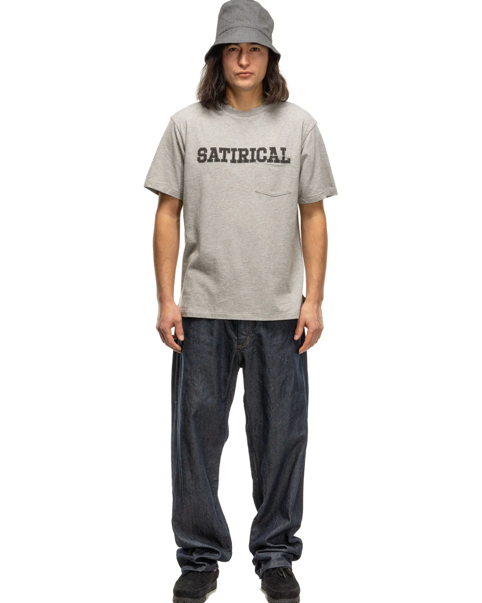 Printed Cross Crew Neck Pocket T-Shirt Satirical Grey