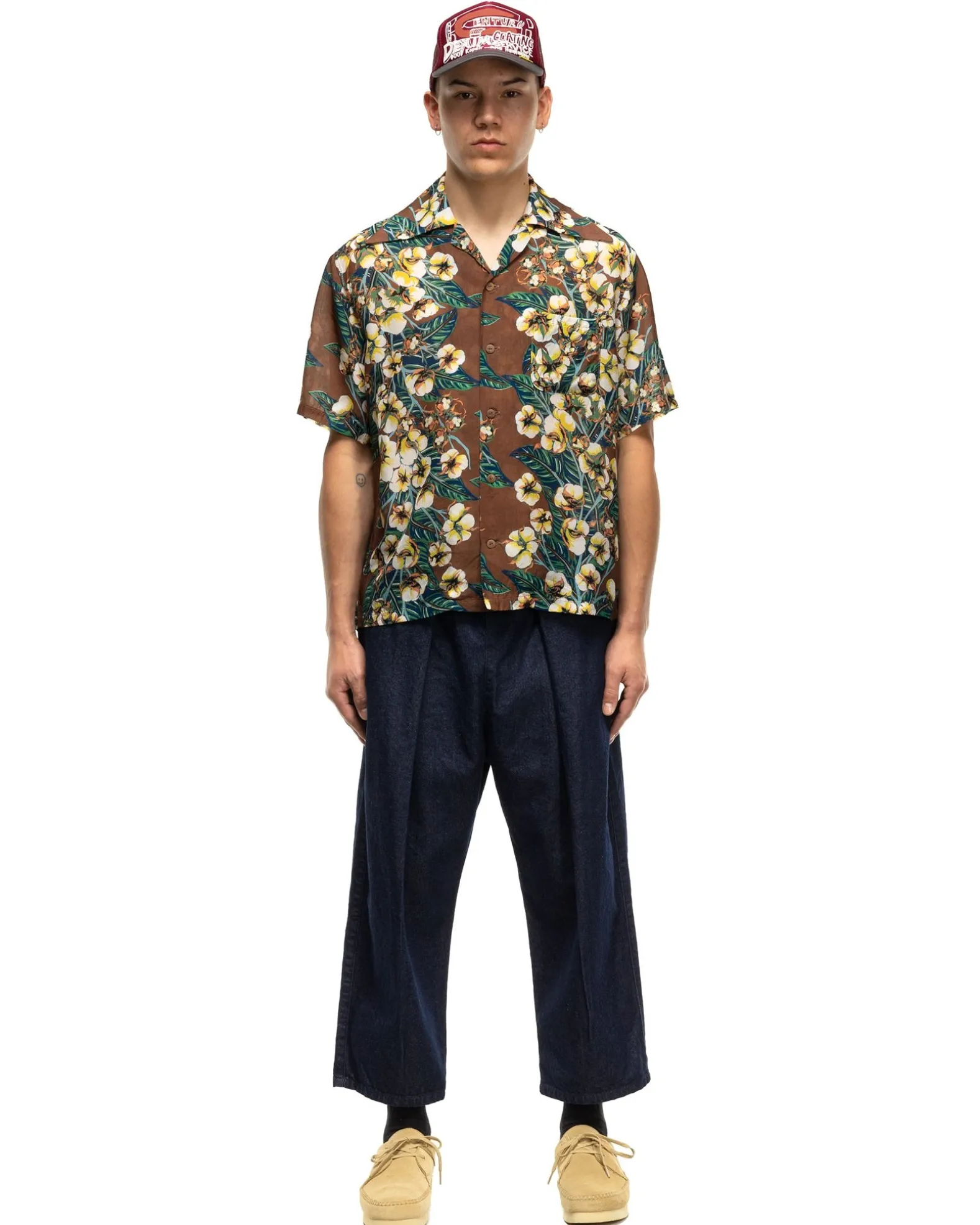 Silk Rayon Cotton-Flower Wrangle Collar Aloha Brown