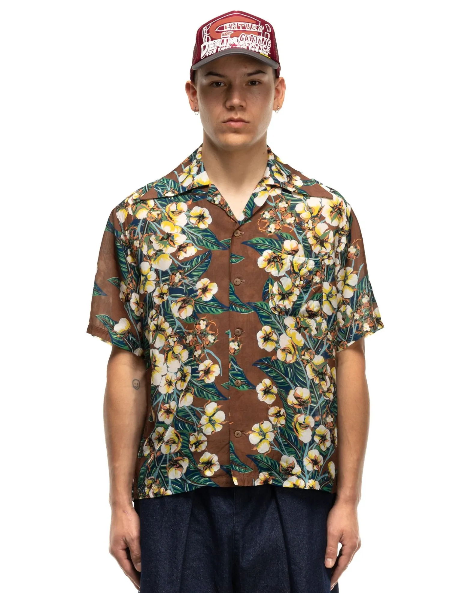 Silk Rayon Cotton-Flower Wrangle Collar Aloha Brown